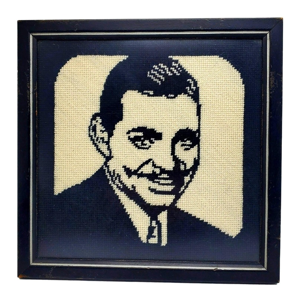 Clark Gable Portrait Needlepoint Wall Fiber Art Framed Black White Hollywood Vtg
